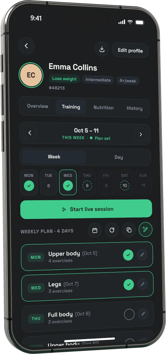 Personal trainer app: a client's weekly training plan with a live session button