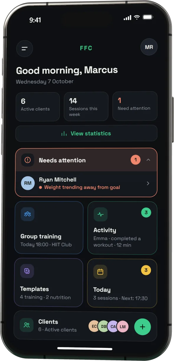 Personal trainer app dashboard: active clients, sessions this week and the clients who need attention