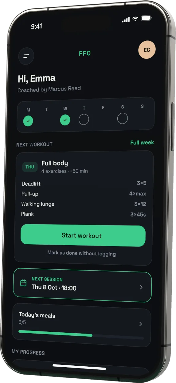 The free client app: today's workout from the personal trainer and the next session